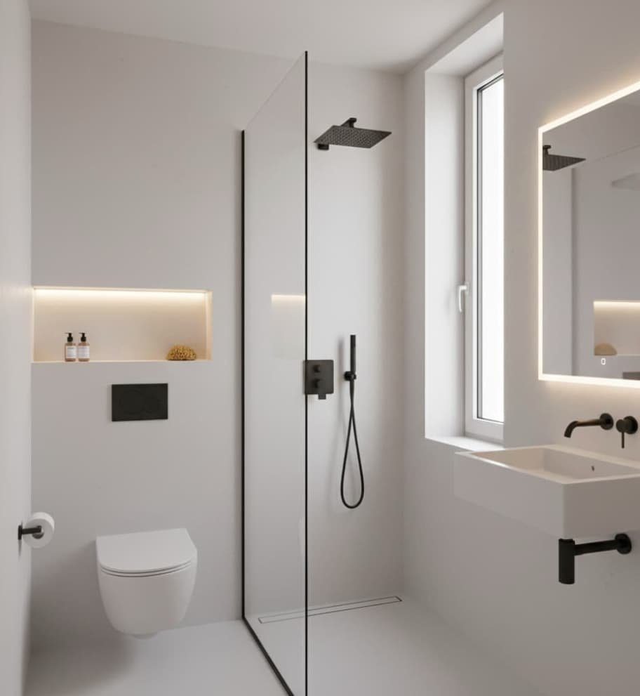 Baño minimalista de lujo en Barcelona, diseñado por Francis (Innovalini), con sanitario suspendido, espejo amplificador de luz y acabados de microcemento.